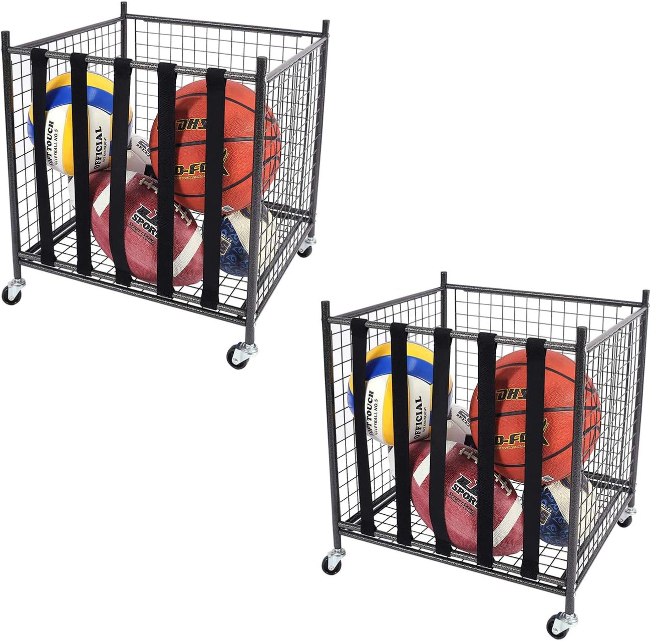 Mythinglogic Rolling Sports Ball Storage Cart, Sports Lockable Ball Storage Locker with Elastic Straps, Stackable Ball Cage for Garage Storage Garage Organizer