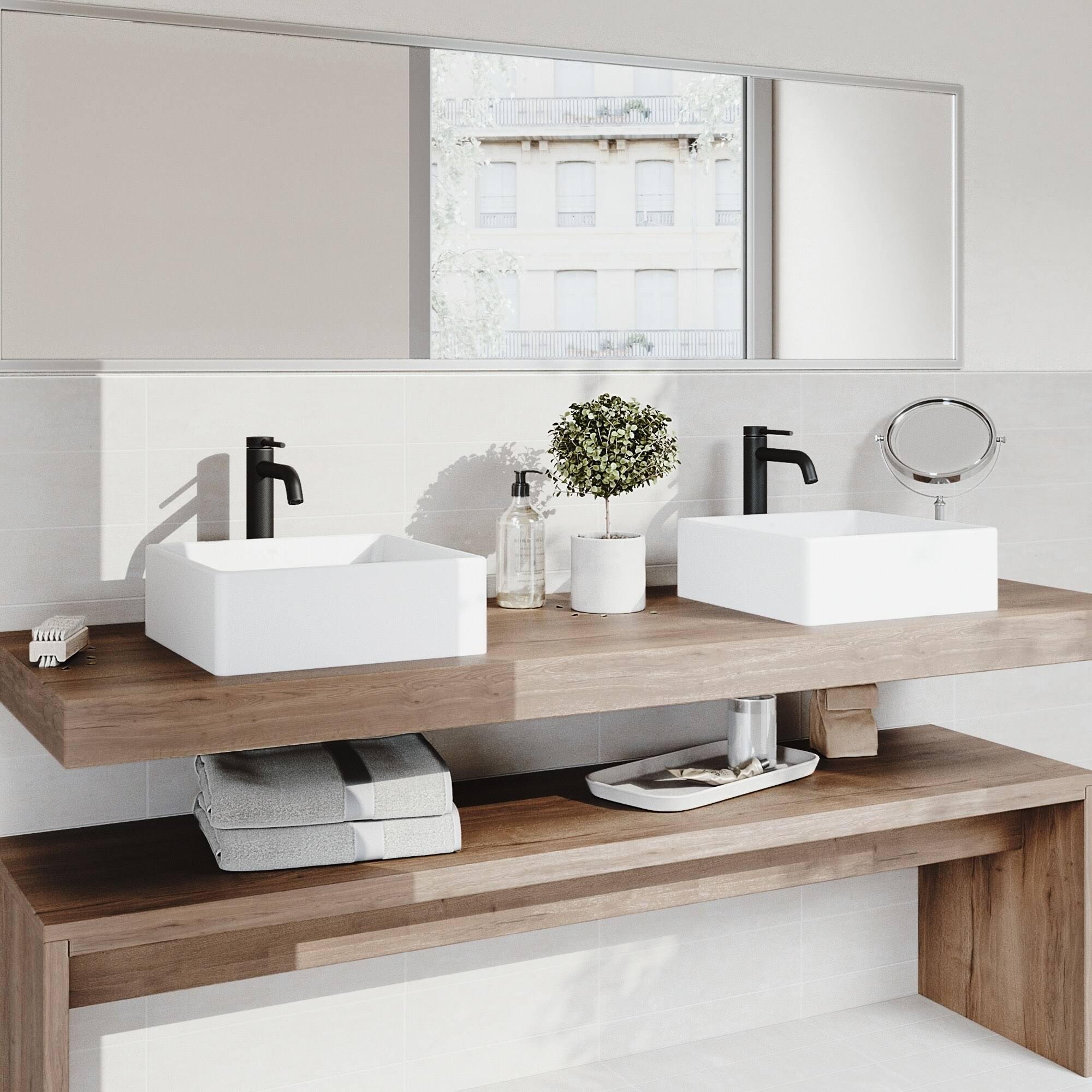 Vigo Matte Stone Dianthus Composite Square Vessel Bathroom Sink in White with Faucet and Pop-Up Drain in Matte Black VGT1453