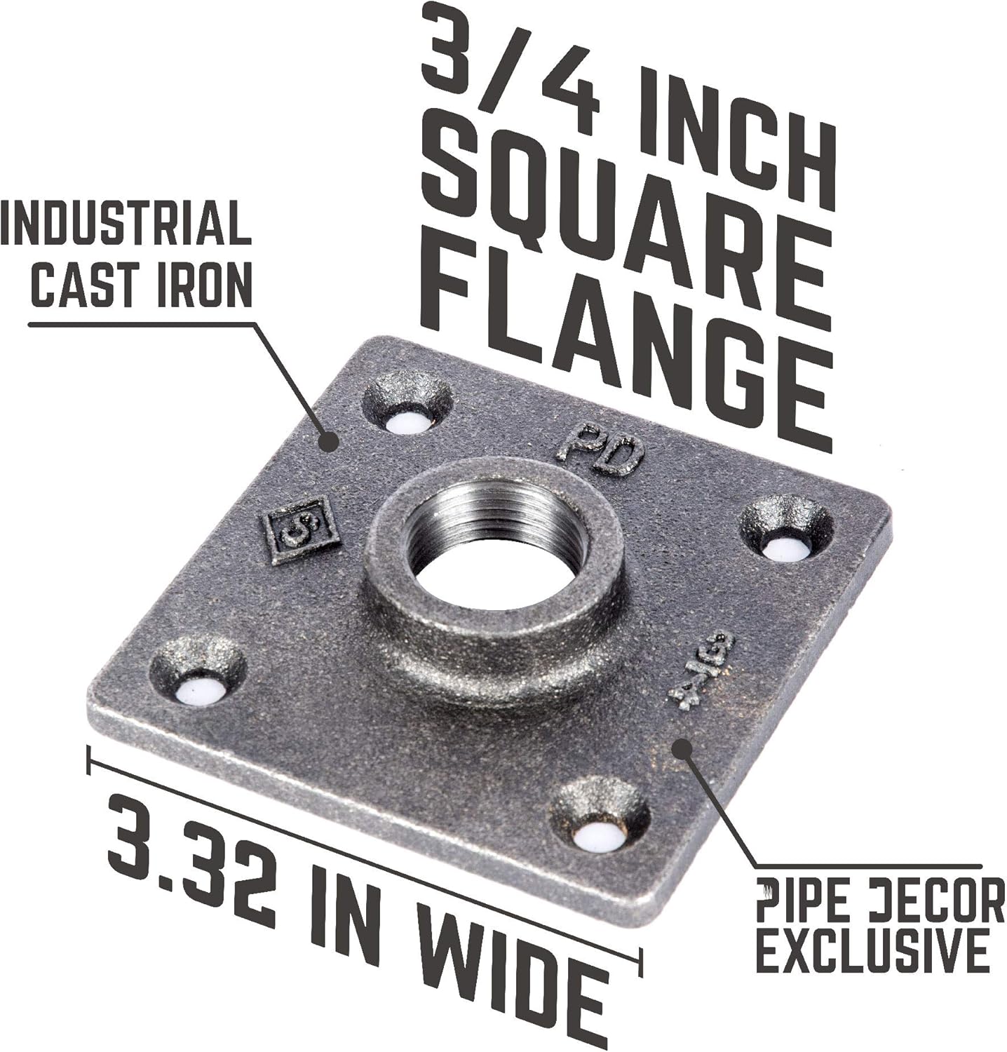 PIPE DÉCOR 3/4 in. Black Malleable Iron Square Floor Flanges, 8 Pack, for DIY Pipe Projects Pack of 2