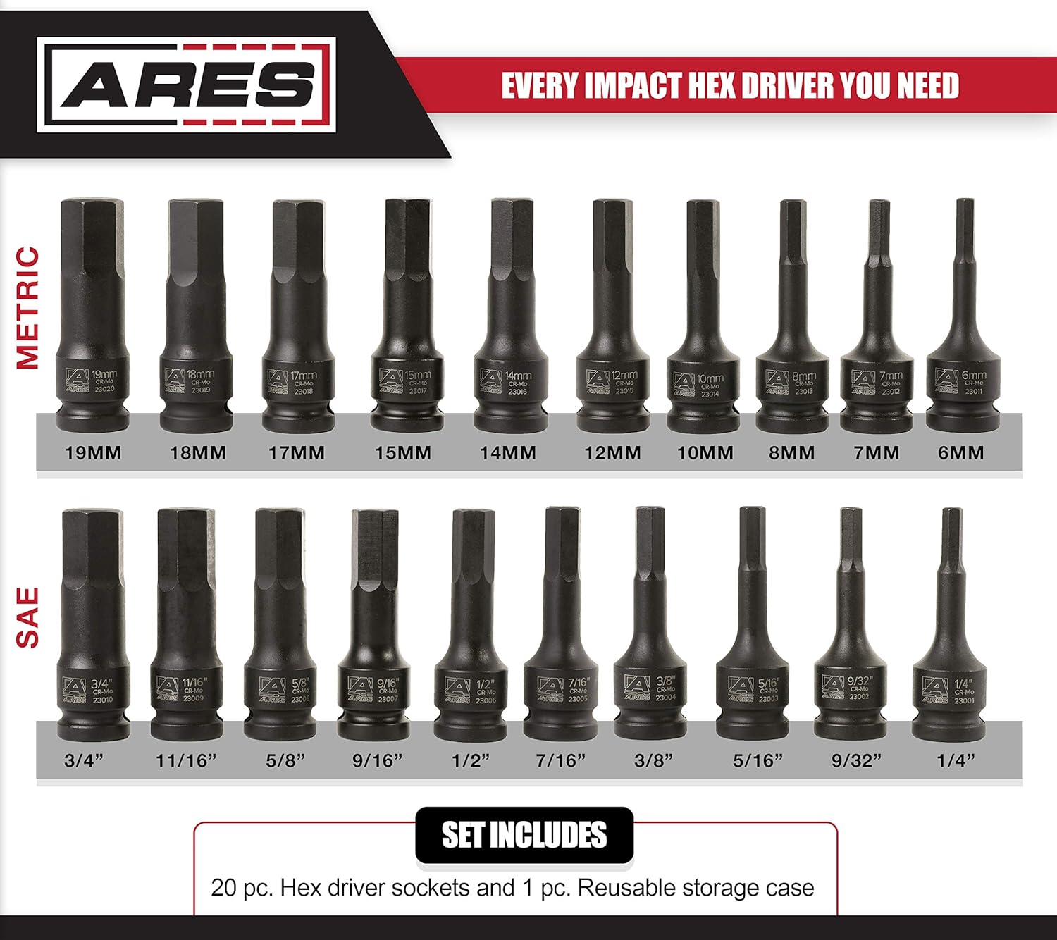 ARES 23000 - 20-Piece 1/2-Inch Drive Master Impact Hex Driver Set - Chrome Moly Steel Construction and Manganese Phosphate Coating - Storage Case Included - Designed for Impact Use