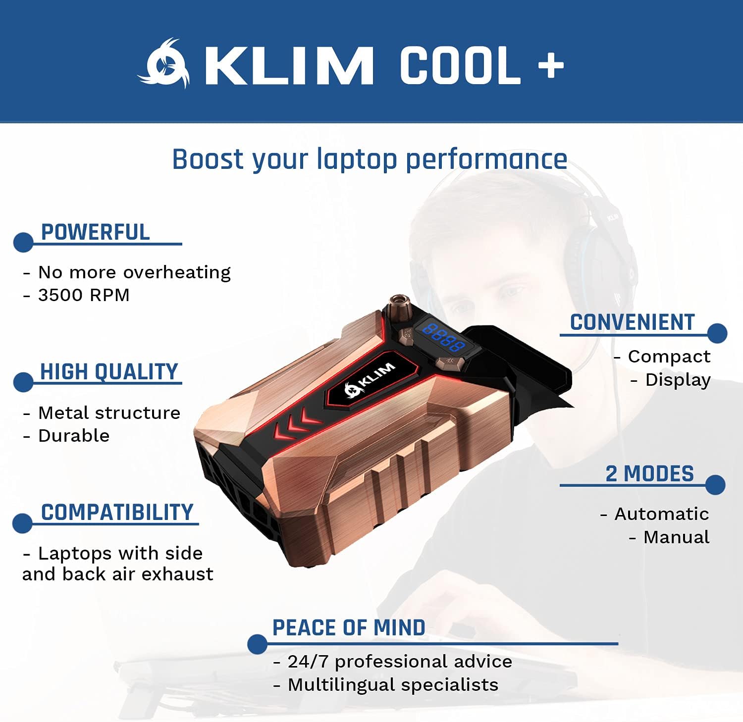 KLIM Cool + Metal Laptop Cooler Fan - The Most Powerful Gaming External Air Vacuum - Computer USB for Immediate Cooling - Slim - Portable - Quiet - Cooling Pad to Solve Internal Overheating