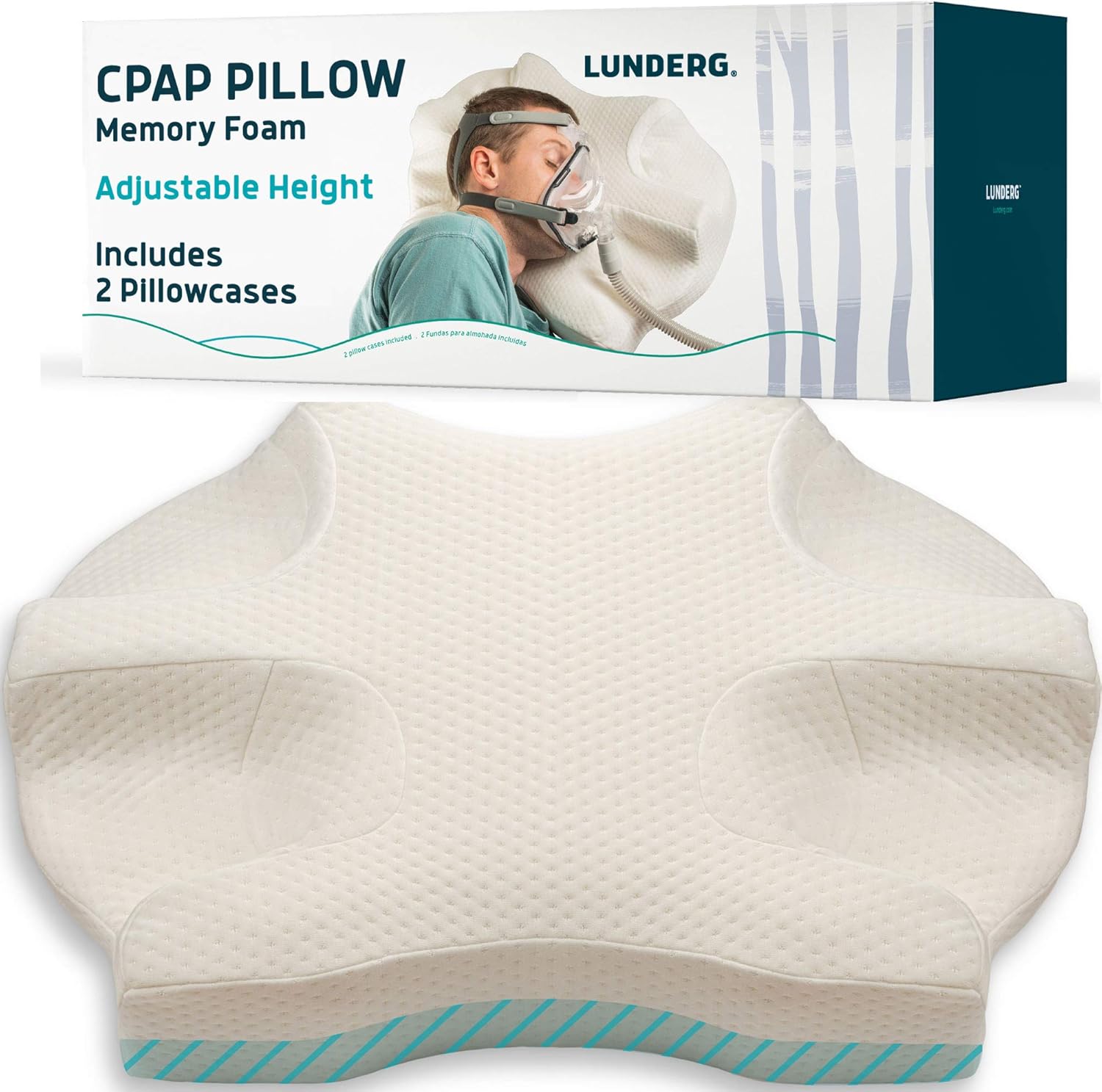 Lunderg CPAP Pillow for Side Sleepers - Includes 2 Pillowcases - Adjustable Memory Foam Pillow for Sleeping on Your Side, Back & Stomach - Reduce Air Leaks & Mask Pressure for a Better Sleep