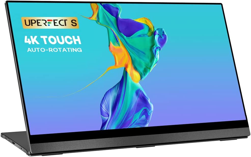 4K Portable Monitor Touchscreen, UPERFECT S Gravity Sensor Automatic Rotate 15.6'' Slimmest 10-Point Touch UHD 3840x2160 Dual USB C Monitor Bracket Integrated & Frameless Bezel Glass HD Laptop Display