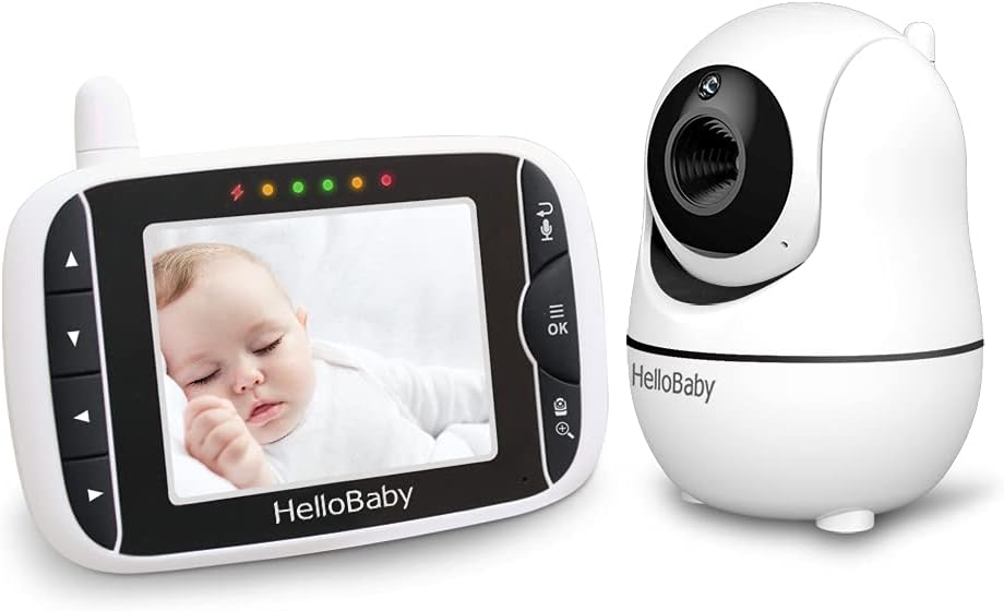 Video Baby Monitor with Camera and Audio, Remote Pan-Tilt-Zoom, Hellobaby Monitor Camera3.2'' LCD Screen, Infrared Night Vision, Temperature Display, Lullaby, Two Way Audio Pack of 2