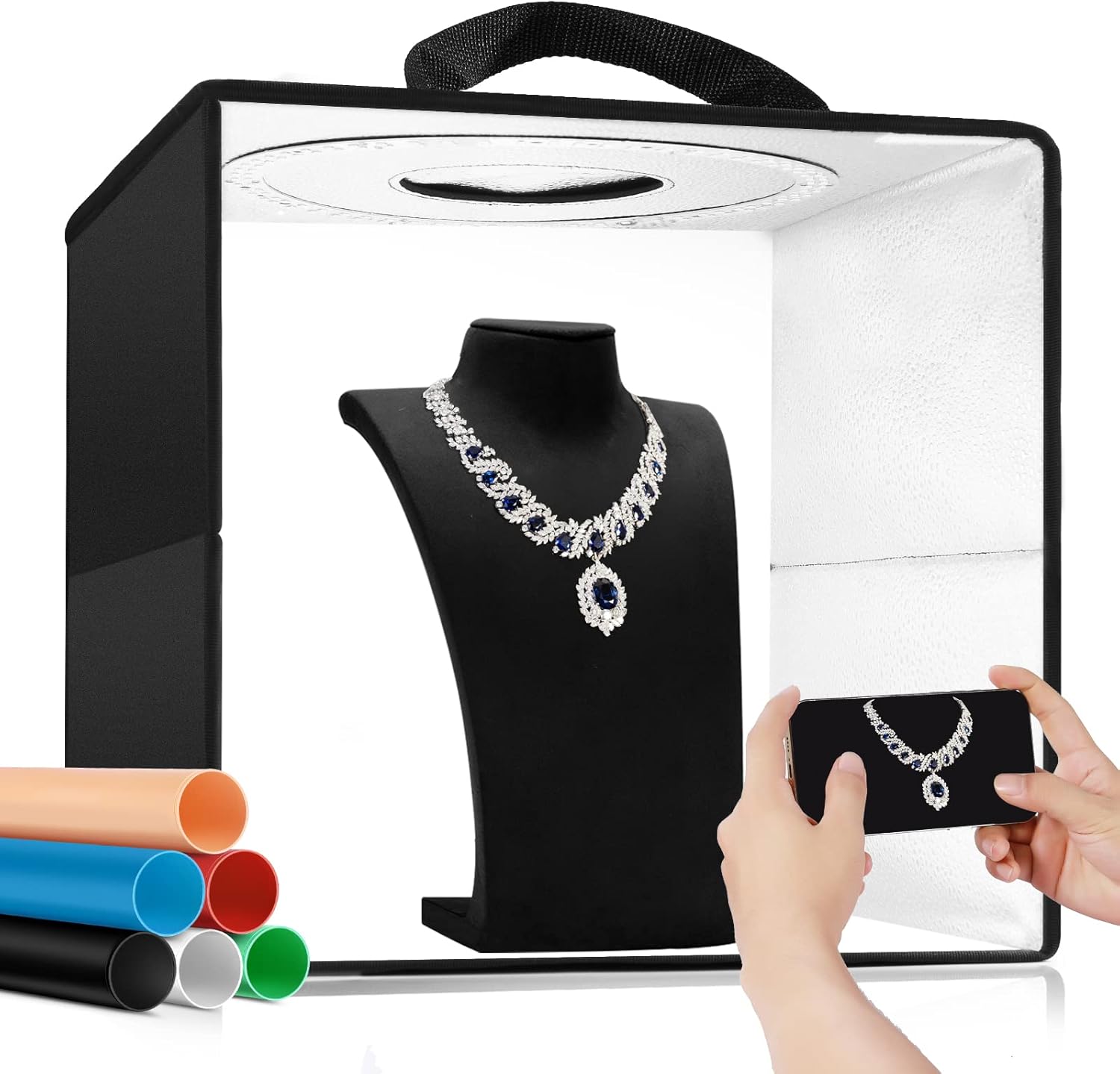 AILAMEY Photo Light Box, 12” x 12” Professional Shooting Tent Kit, 3 Color Temperature, 10 Adjustable Brightness,Portable Light Box Photography Studio with 120 LED Beads, 6 Backdrops for Small Items Pack of 2