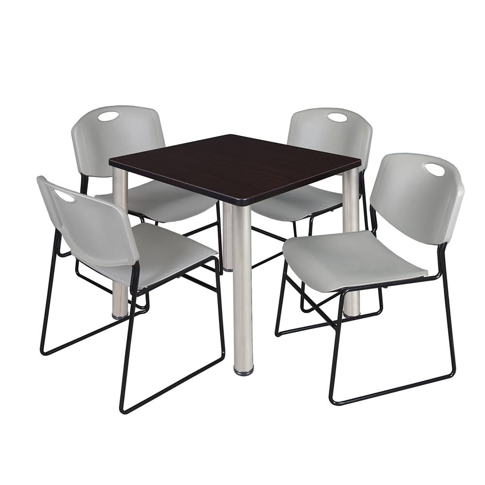 Kee 30x22 Square Breakroom Table- Mocha Walnut/ Chrome u0026 4 Zeng Stack Chairs- Grey
