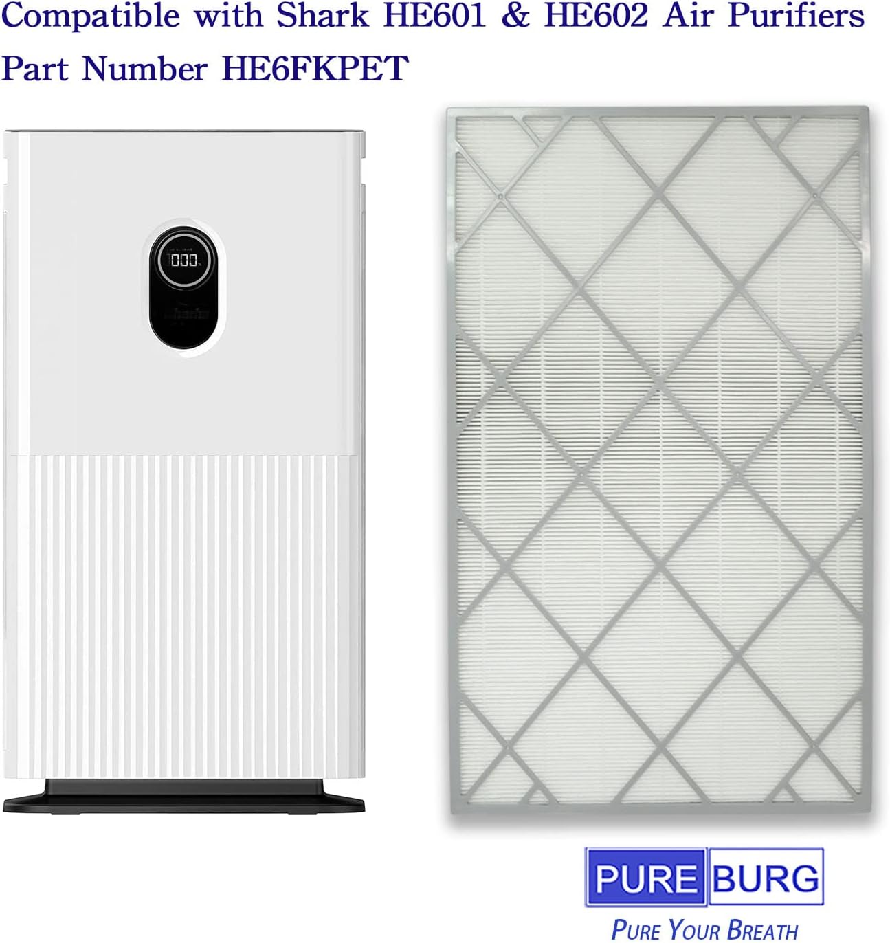 PUREBURG Replacement HEPA Filter Compatible with Shark HE601 & HE602 Air Purifiers , 6-Fan 1200 Sq, Part Number HE6FKPET Pack of 2