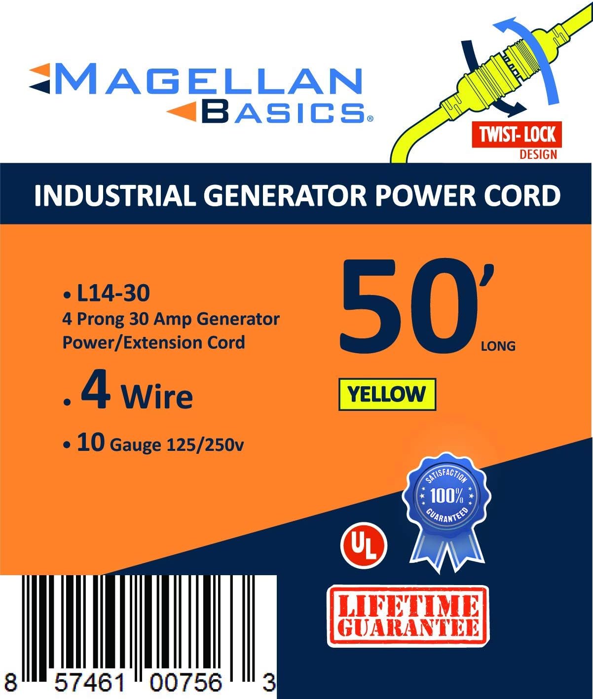 50 Foot Heavy Duty Generator Locking Power Cord NEMA L14-30P/L14-30R,4 Prong 10 Gauge SJTW Cable, 125/250V 30Amp 7500 Watts Yellow Generator Lock Extension Cord with UL Listed Magellan Pack of 2