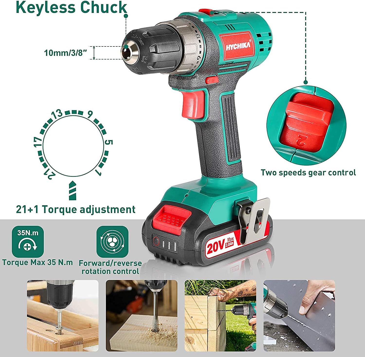 Cordless Drill Driver and Impact Driver 20V, HYCHIKA Drill Combo Kit, 2x2.0Ah Batteries, 1H Fast Charging, 22PCS Accessories for Drilling Wood, Metal and Plastic