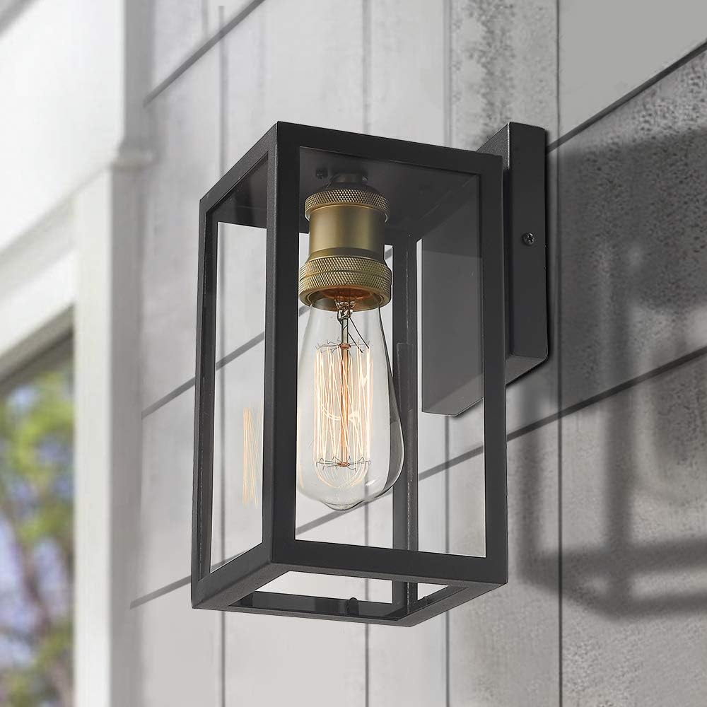 Zeyu Outdoor Wall Lights 2 Pack, Exterior Wall Sconces, Black and Gold Finish with Clear Glass, 02A150-2PK BK