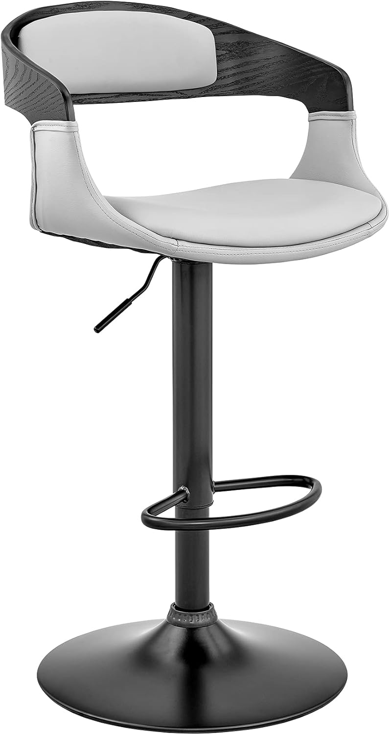 Armen Living Benson Adjustable Gray Faux Leather and Black Wood Bar Stool with Black Base