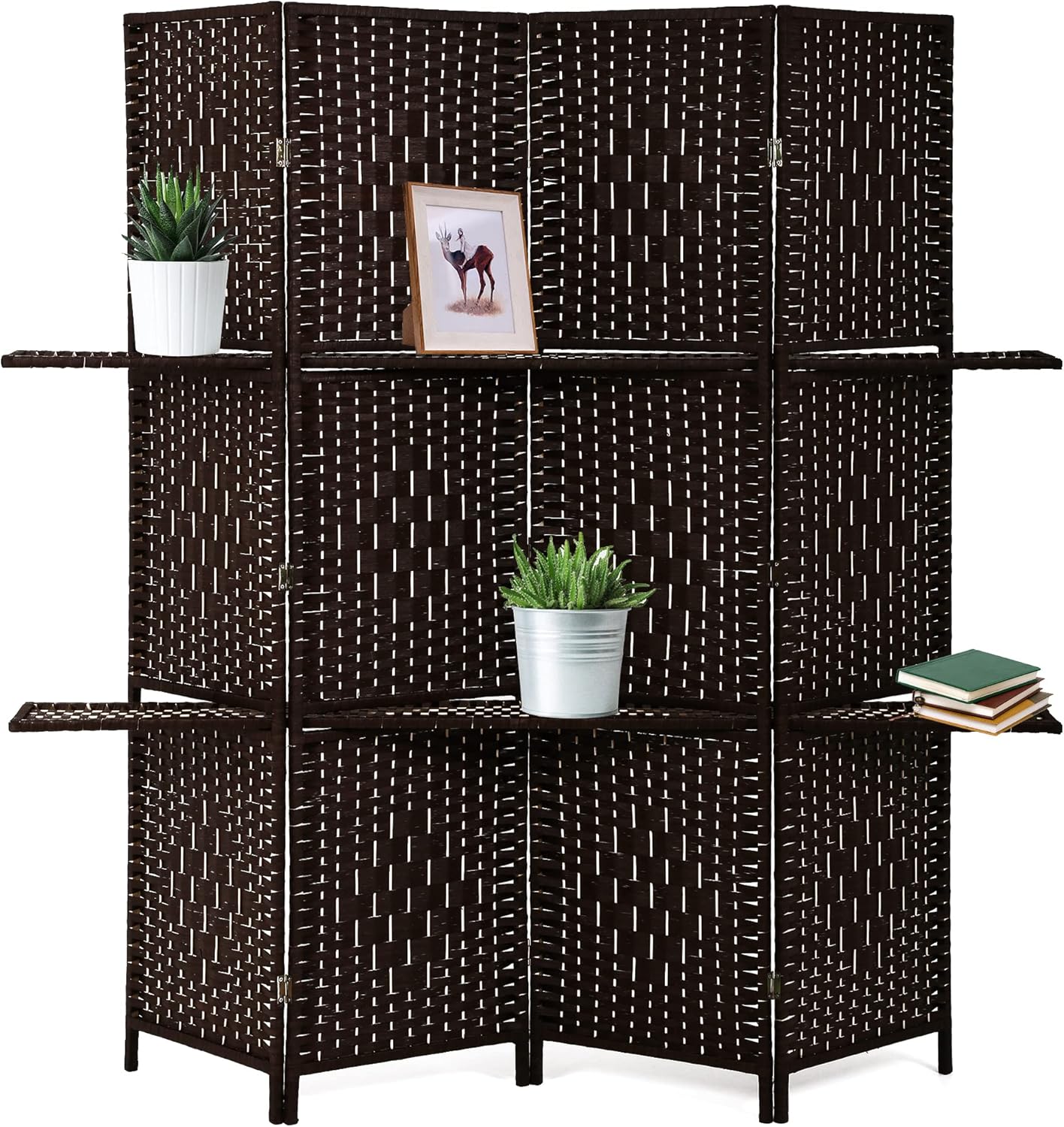 Room Divider Room Screen Divider Wooden Screen Folding Portable partition Screen Wood with Removable Storage Shelves Colour Brown ,4 Panel/6 Panel (4 Panel) Pack of 2