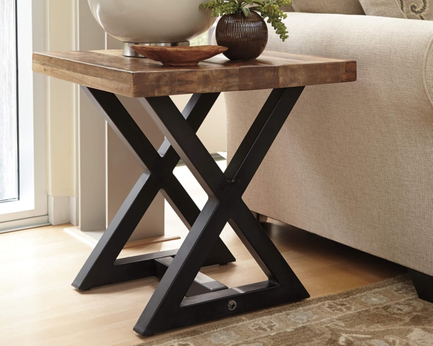 Signature Design by Ashley Wesling Urban Square End Table with Mango Wood Top, Light Brown & Black
