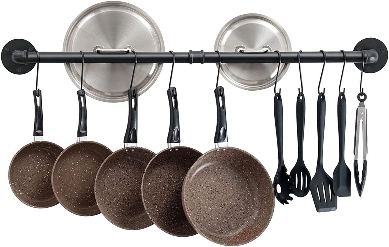 39 Inch Wall Mounted Pot Rack Pot Rail - with 14 S Hooks, Detachable Pans Hanging Rail Kitchen Lid Utensils Hanger, Black Pack of 2