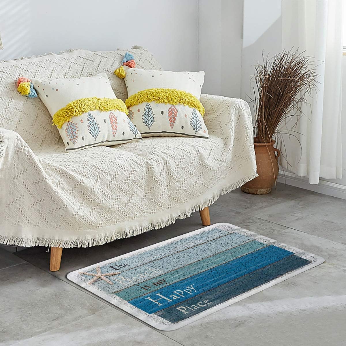 Beach Themed Doormats Rugs-The Beach is My Happy Place - Plank Board Sign with Starfish Non-Slip Indoor/Outdoor/Front Door/Bathroom Mats (PVC, 24 x 36)