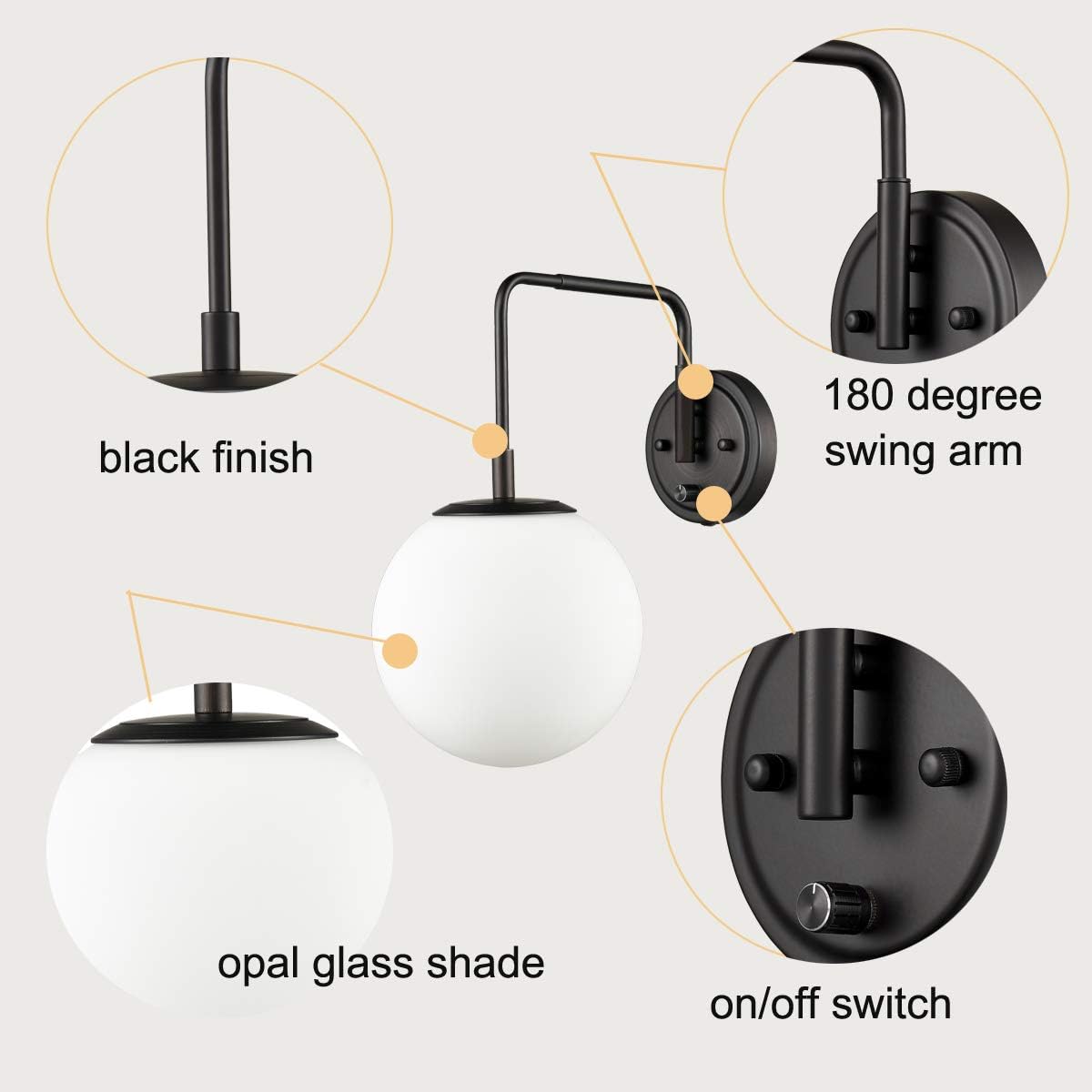 AXILAND Industrial Swing Arm Wall Lamp Black Plug in/Wall Mount Wall Sconce