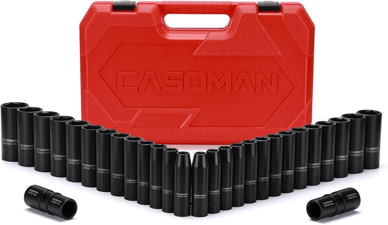 CASOMAN 1/2-Inch 29 Pieces Deep Impact Socket Set, CR-MO, Metric & SAE, Include Flip Lug Nut Socket, Fit 19mm, 21mm, 3/4