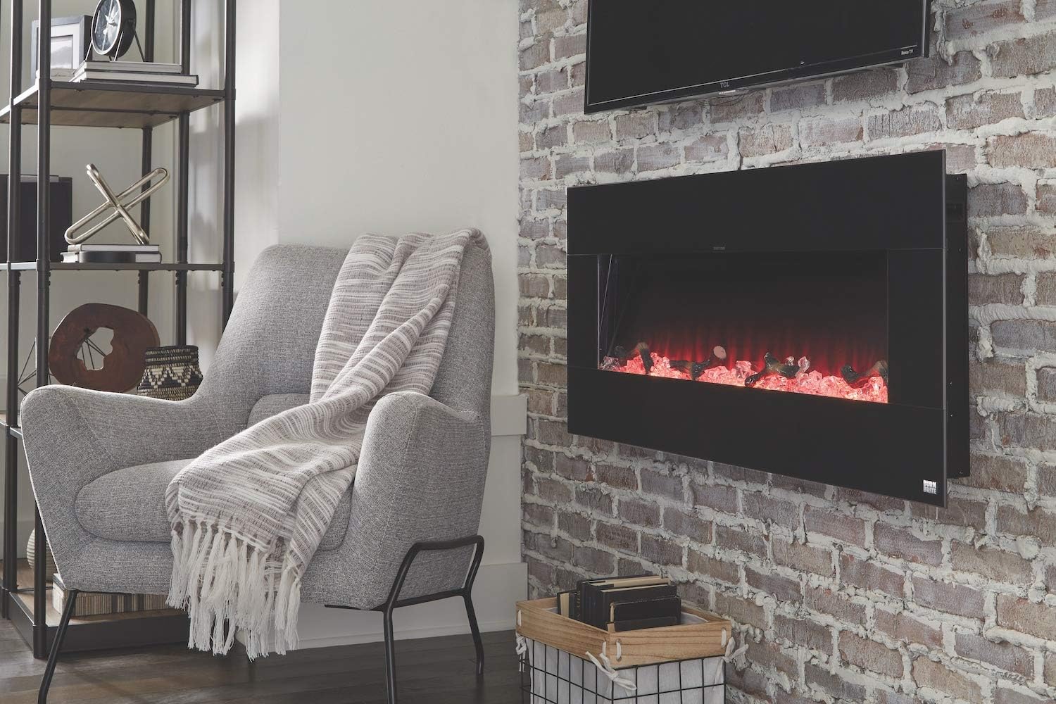 BurnBrite 88001 50-Inch Dual-use Wall Mount & Recessed Electric Fireplace with Crystals and Driftwood, Black