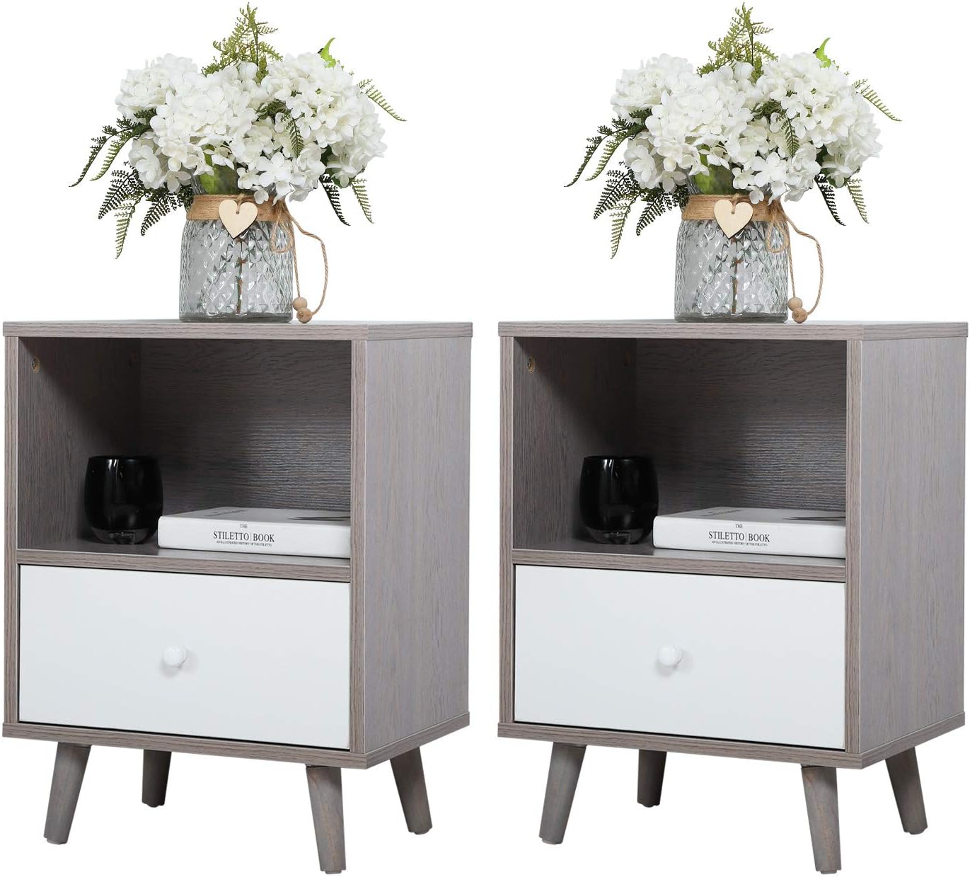 JAXPETY Set of 2 Modern Wood Nightstands w/Drawer, Open Shelf and Solid Wood Legs, End Table for Living Room Bedroom Home Furniture (2-Pack, Grey+White)
