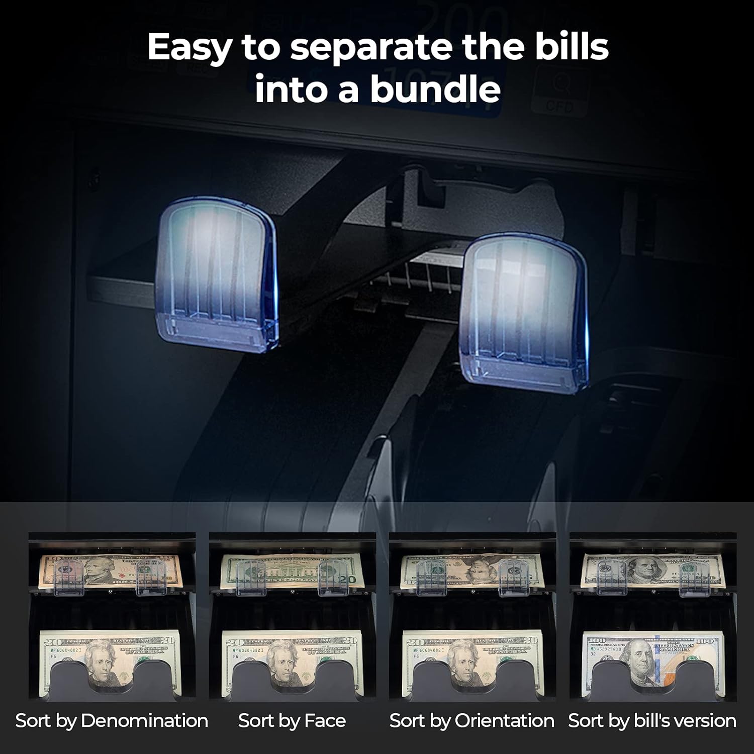 MUNBYN Dual Money Counter Machine Mixed Denomination and Sorter, Sort on DENOM/FACE/ORI, Value Counting, Counterfeit Detection 2 CIS/UV/MG/IR, Print Enabled, Mixed Bill Counter, 3-Year Warranty
