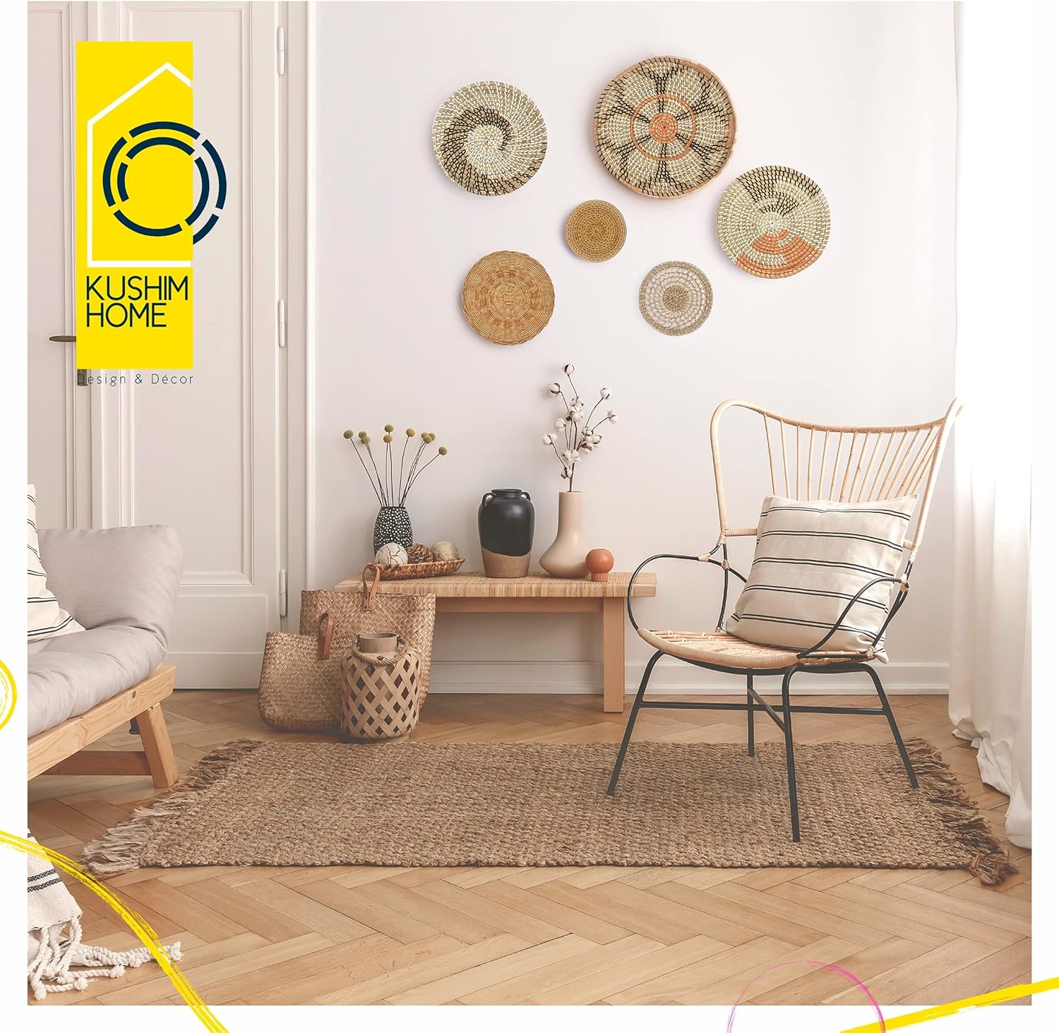 KushimHome Hanging Wall Basket Decor Set - Large Wall Decor Boho Basket Wall Decor - Wicker Wall Baskets Rattan Decor - Bamboo Woven Basket Wall Decor - Seagrass Boho Wall Decor Baskets - African Flat Pack of 2