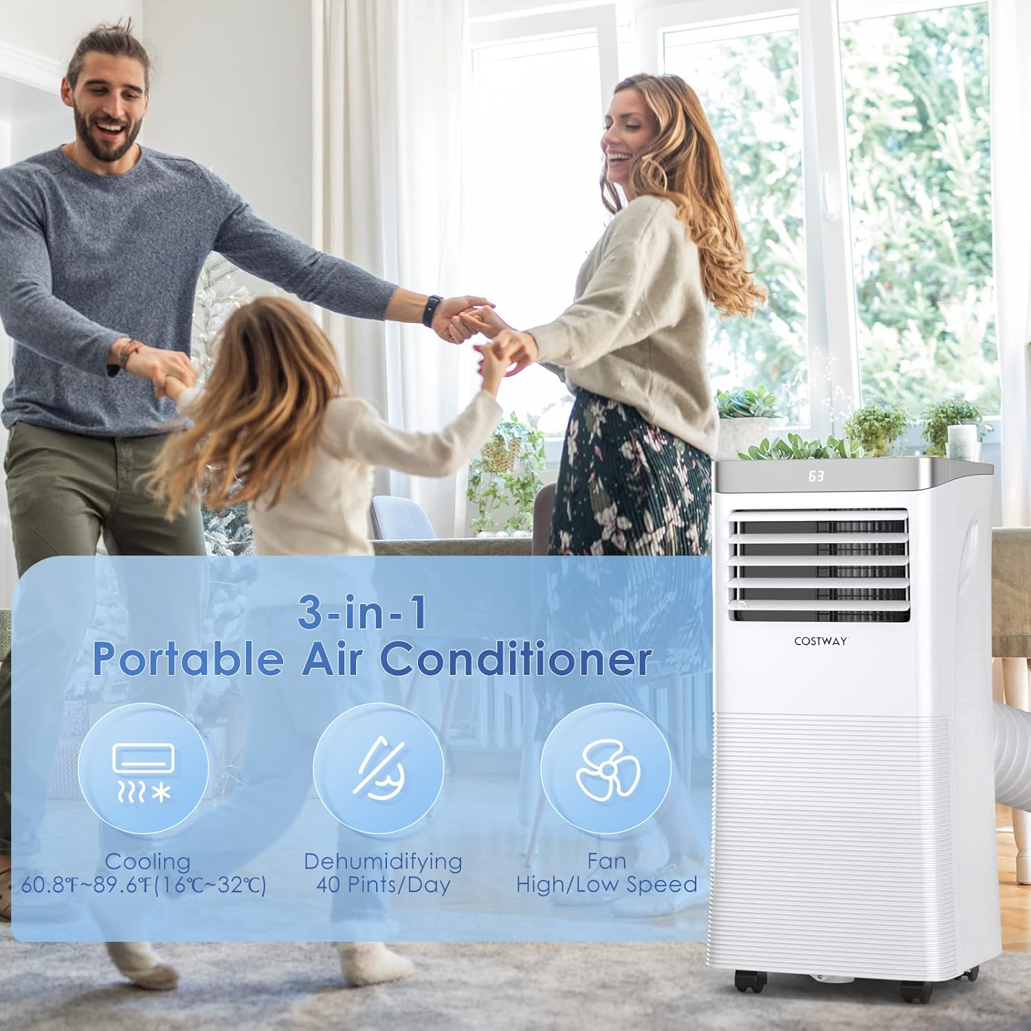 COSTWAY Portable Air Conditioner, 8000 BTU(SACC: 5000BTU) Air Cooler with Fan & Dehumidifier Mode for Rooms up to 230 Sq.Ft, Quiet AC Unit with Sleep Mode, 2 Fan Speeds, 24H Timer, LED Display, Remote Control (8000BTU)
