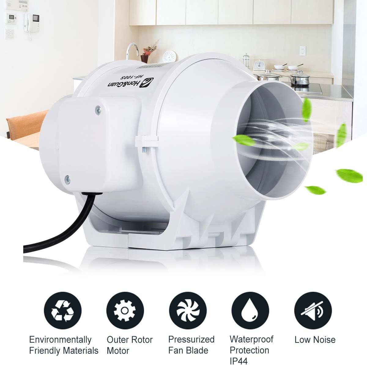 Hon&Guan 4 Inch Extractor Fan High Efficiency Mixed Flow Ventilation System Exhaust Air for Bathroom Kitchen Inline Duct Fan (S Series)