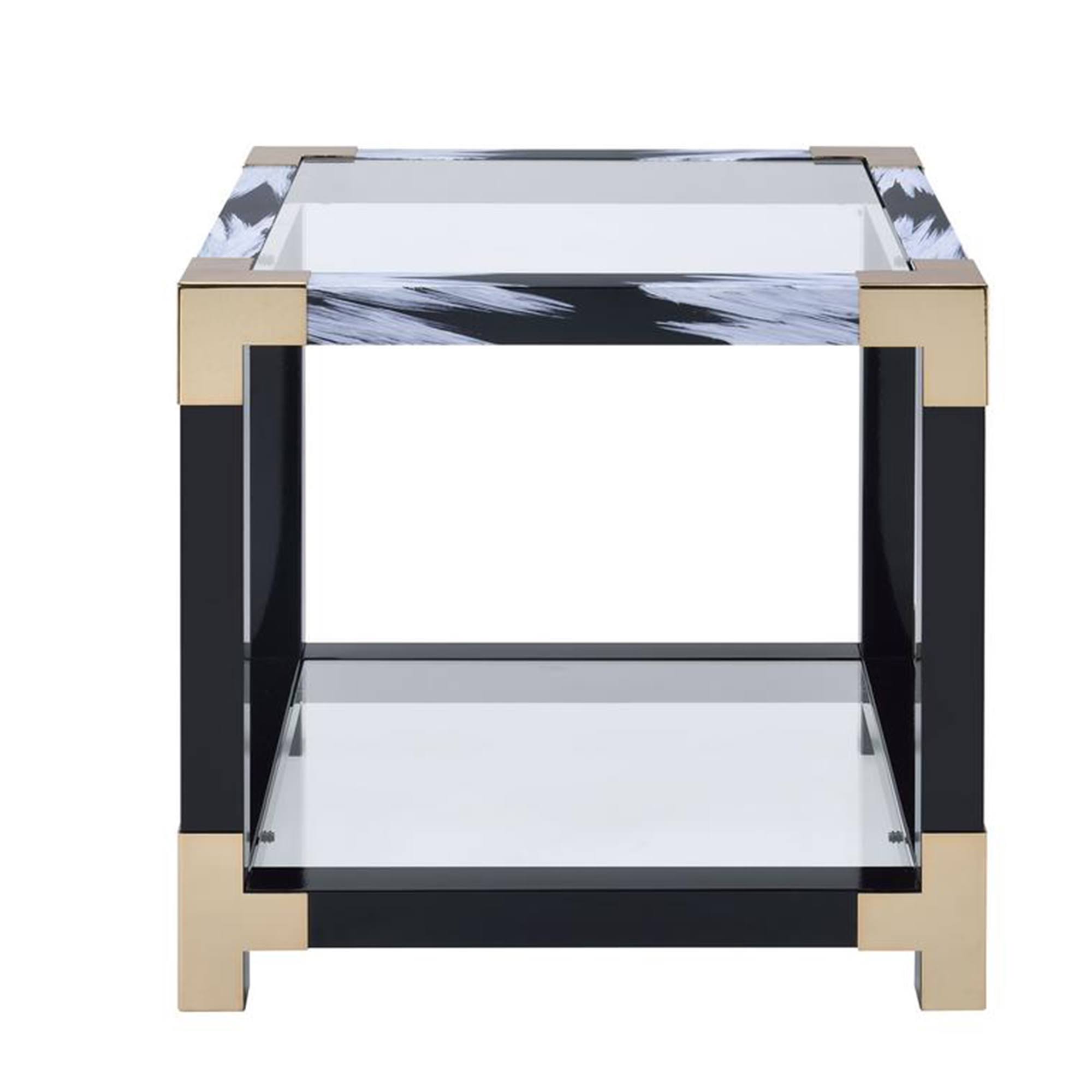 Benzara BM186968 Modern Style Square Metal and Glass End Table with Bottom Shelf Black and Gold