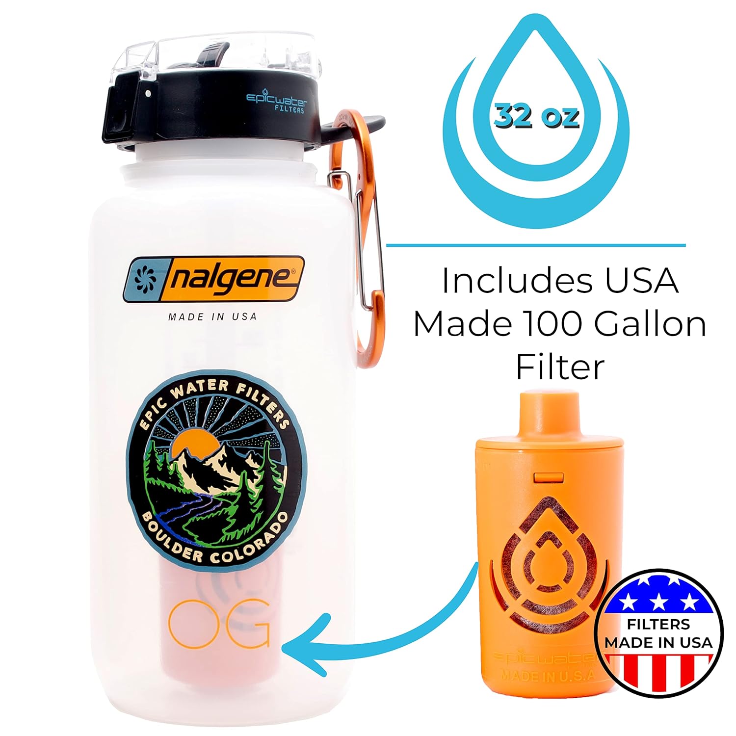 Epic Nalgene Ultimate Outdoor Travel OG | Water Bottle with Filter | Bottle + Filter Made In USA | Filtered Water Bottle | Water Purifier | International Travel | Camping Hiking Backpacking | BPA Free