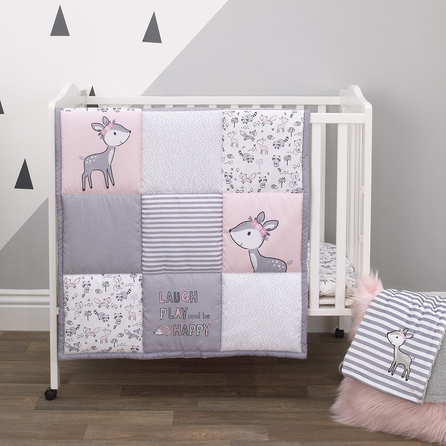 Little Love By Nojo Sweet Deer, Grey, Pink, White 3Piece Nursery Mini Crib Bedding Set With Comforter, 2 Fitted Mini Crib Sheets, Pink, Grey, White, Charcoal Pack of 2