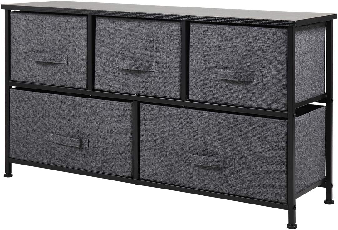 Wide Drawer Dresser Storage Organizer 5-Drawer Closet Shelves Fabric Storage Chest for Bedroom,Hallway, Entryway, Closets, Nurseries Sturdy Steel Frame Wood Top with Easy Pull Handle, Black