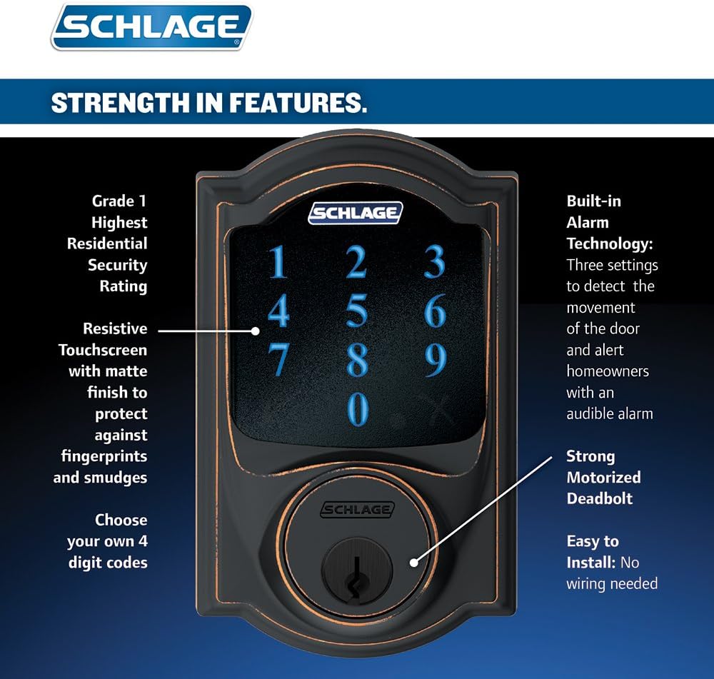 SCHLAGE Z-Wave Connect Camelot Touchscreen Deadbolt with Built-In Alarm, Works with Amazon Alexa via Wink, Aged Bronze, FE469NX ACC 716 CAM LH