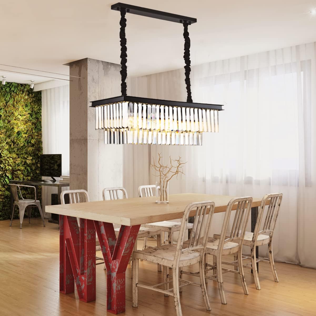 Black 8-Light Crystal Chandeliers, Modern Elegant Rectangular Chandelier, Adjustable Pendant Ceiling Lights Fixture Cristal L&aacute;mparas Ara&ntilde;a for Dining Living Room Kitchen Island