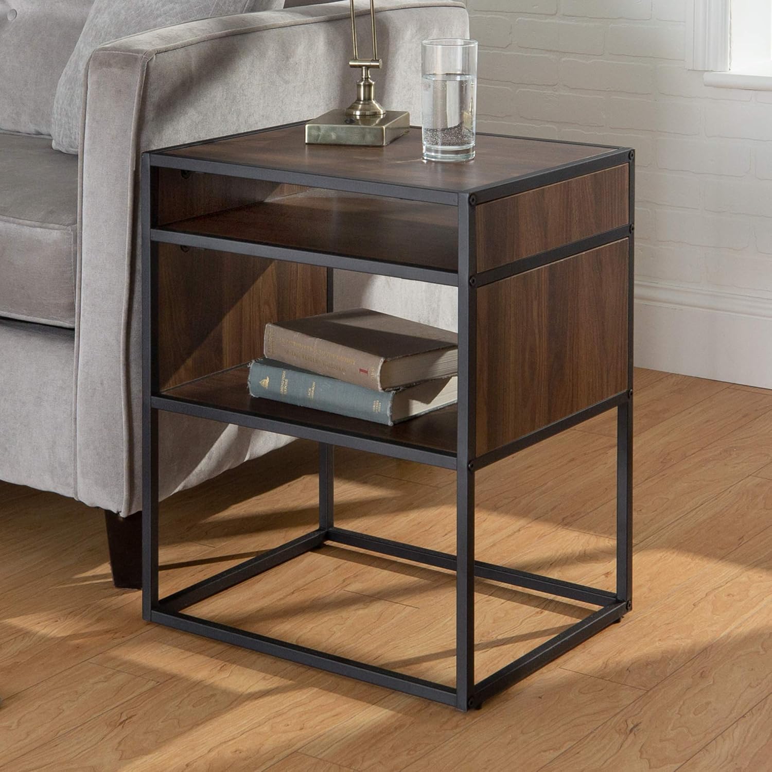 Walker Edison Industrial Modern Metal Frame Wood Rectangle Side Accent Table Set Living Room Storage Shelf End Table, 20 Inch, Dark Walnut