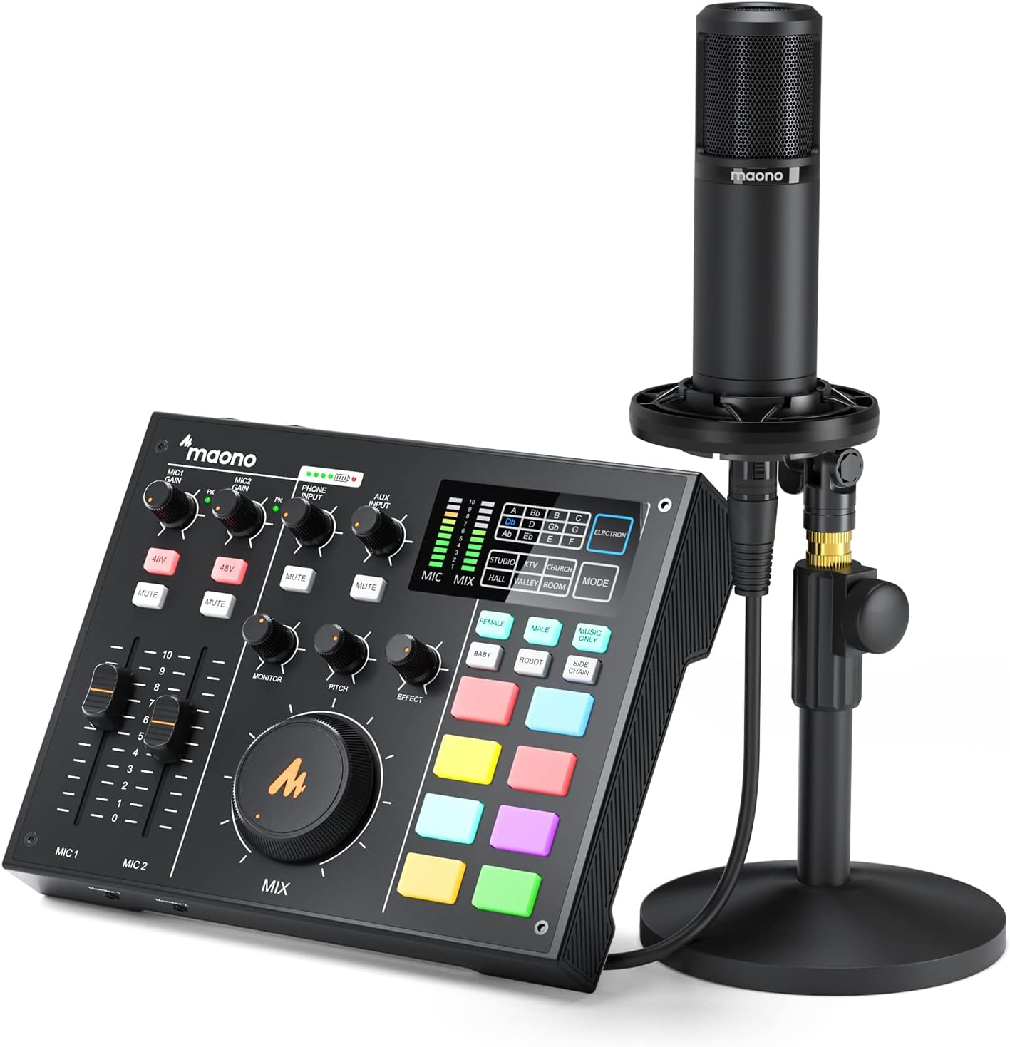 Audio Interface with DJ Mixer and Sound Card, Maonocaster Portable ALL-IN-ONE Podcast Production Studio with XLR Microphone for Guitar, Live Streaming, PC, Recording and Gaming(AM100K1)
