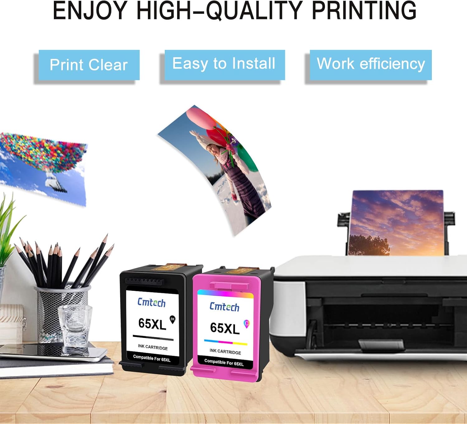 CMTECH Compatible 65XL Ink Cartridges Replacement for HP 65XL 65 XL Work for HP Envy 5055 5052 5014 5000 5070 5012 DeskJet 3755 2652 3752 2622 2600 3700 2640 2655 2624 Printer(1 Black ,1 Tri-Color) Pack of 2