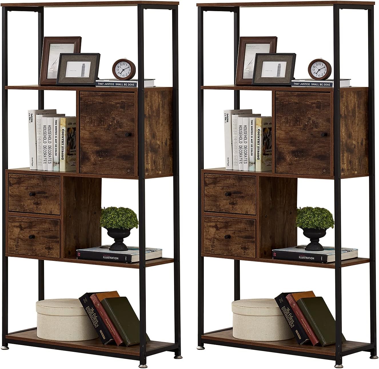 VECELO 4-Tier Book Case Storage Bookshelf with Rack Shelves and Drawers for Living Room, Home Office, Library, Multifunctional, Rustic Brown and Black