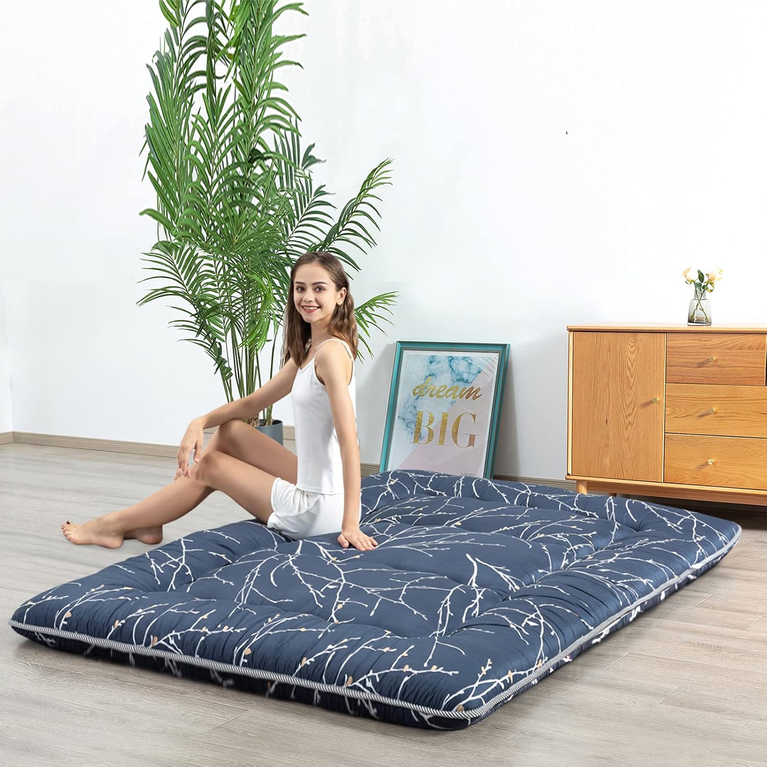 HIGOGOGO Black Futon Mattress for Floor, Thick Geometric Pattern Japanese Floor Mattress Sleeping Tatami Mat Roll Up Camping Mattress, Portable Floor Guest Bed Floor Lounger, Twin