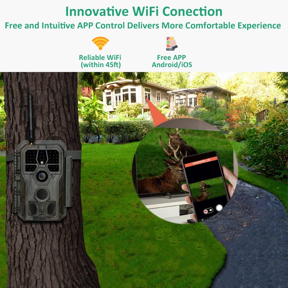 GardePro E8 Trail Camera Wi-Fi 32MP 1296P Fast 0.1s Trigger Speed Motion Activated 100ft Night Vision IP66 Waterproof