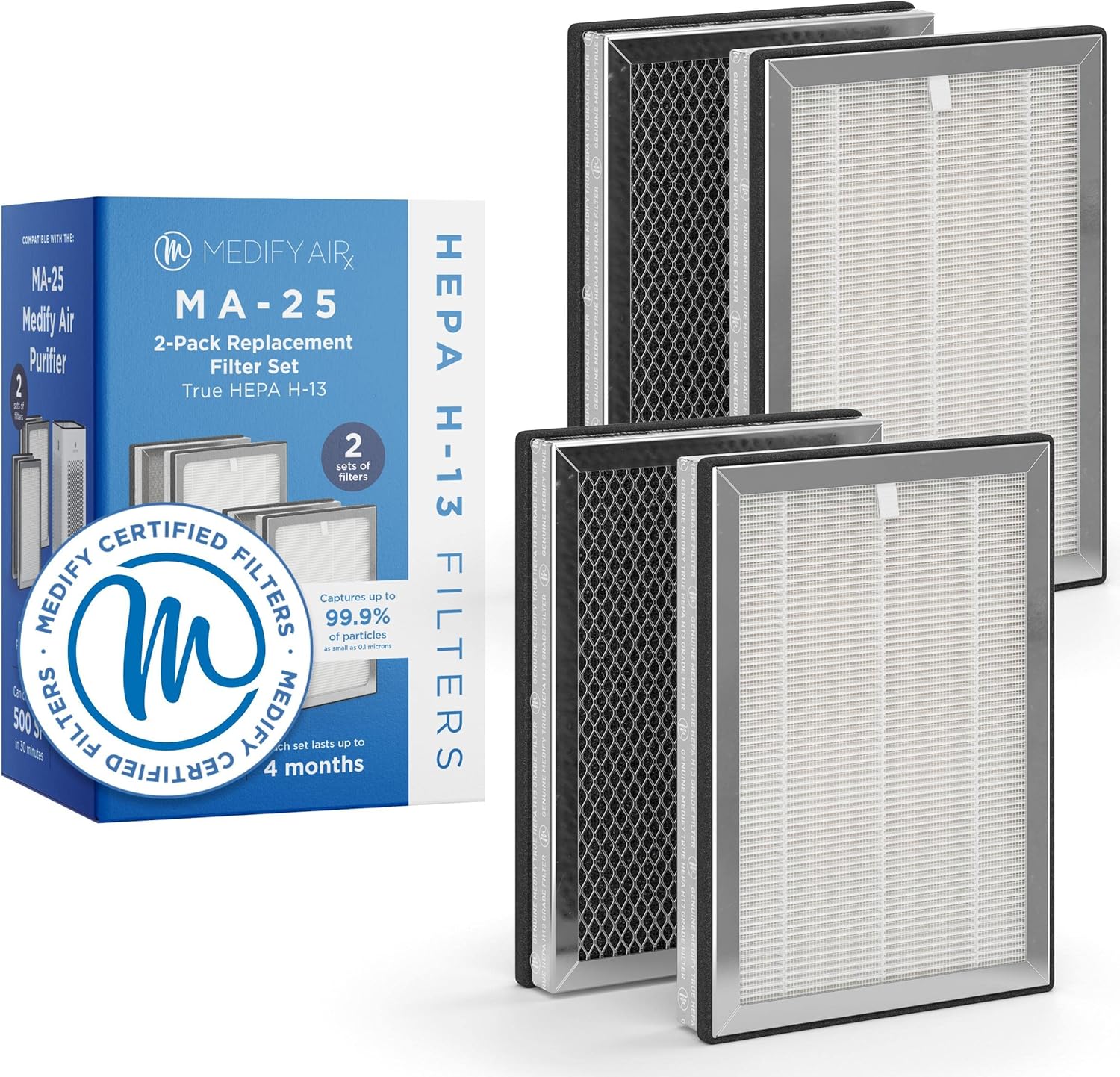 Medify MA-25 Genuine Replacement Filter | for Allergens, Smoke, Smokers, Dust, Odors, Pollen, Pet Dander | 3 in 1 with Pre-filter, H13 HEPA, and Activated Carbon for 99.9% Removal | 2-Pack