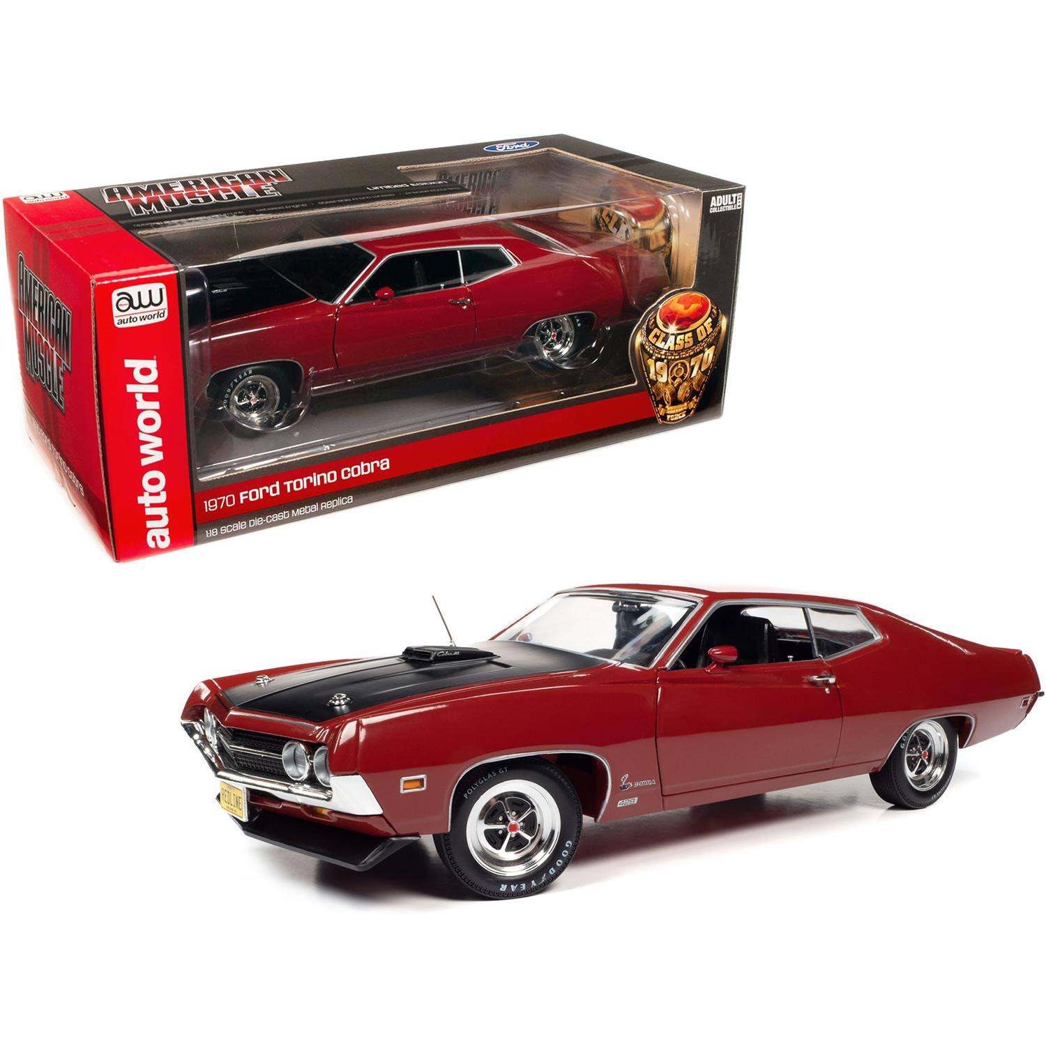 1970 Ford Torino Cobra Red with Black Hood Class of 1970x22 1/18 Diecast Model Car by Autoworld