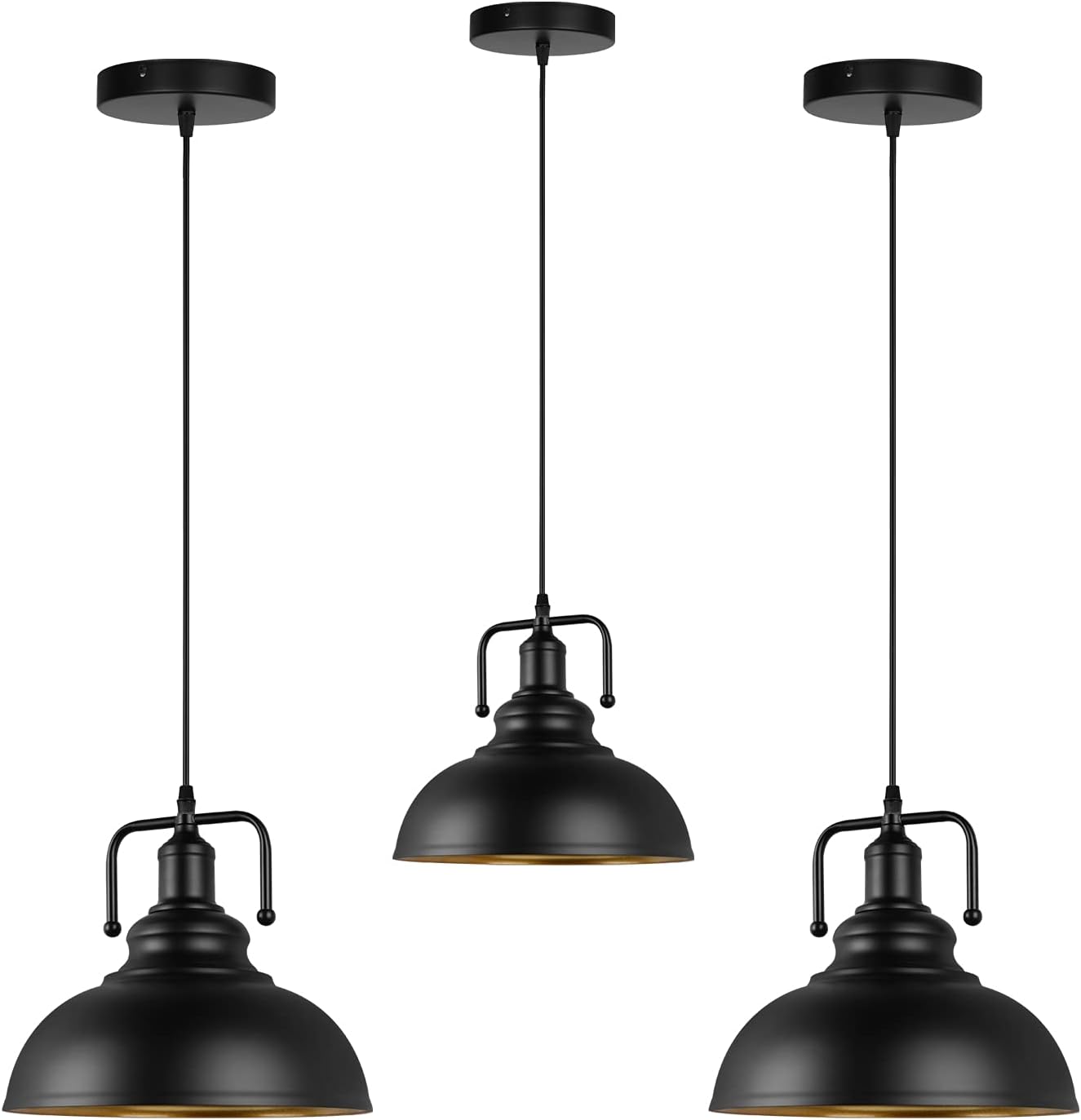 Black Dome Pendant Light, Copper Inside Farmhouse Pendant Lighting for Kitchen Island, Dining Room, Bedroom, Hallway, Foyer&nbsp; (3 Pack)
