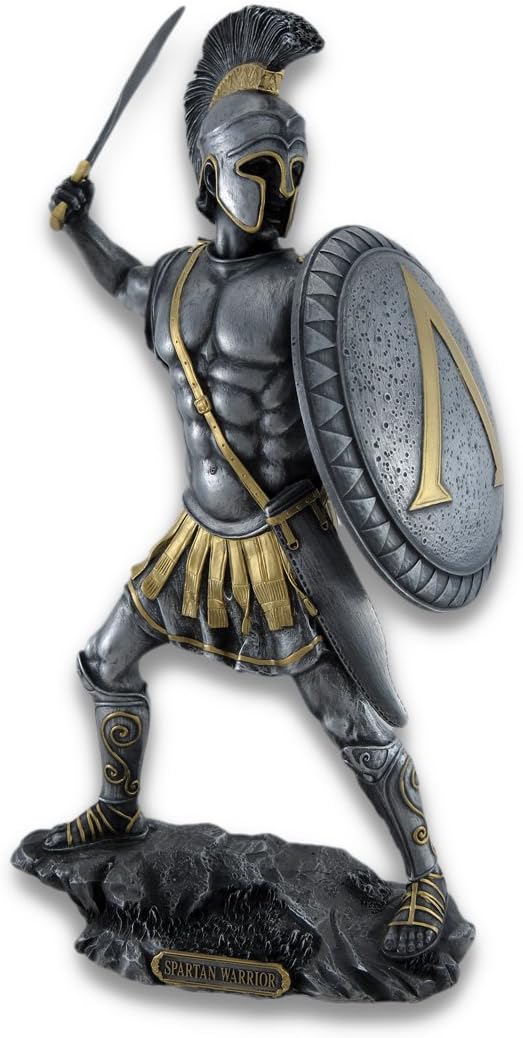 Veronese Design Spartan Warrior with Sword and Hoplite Shield Statue Silvered/Gold Accents
