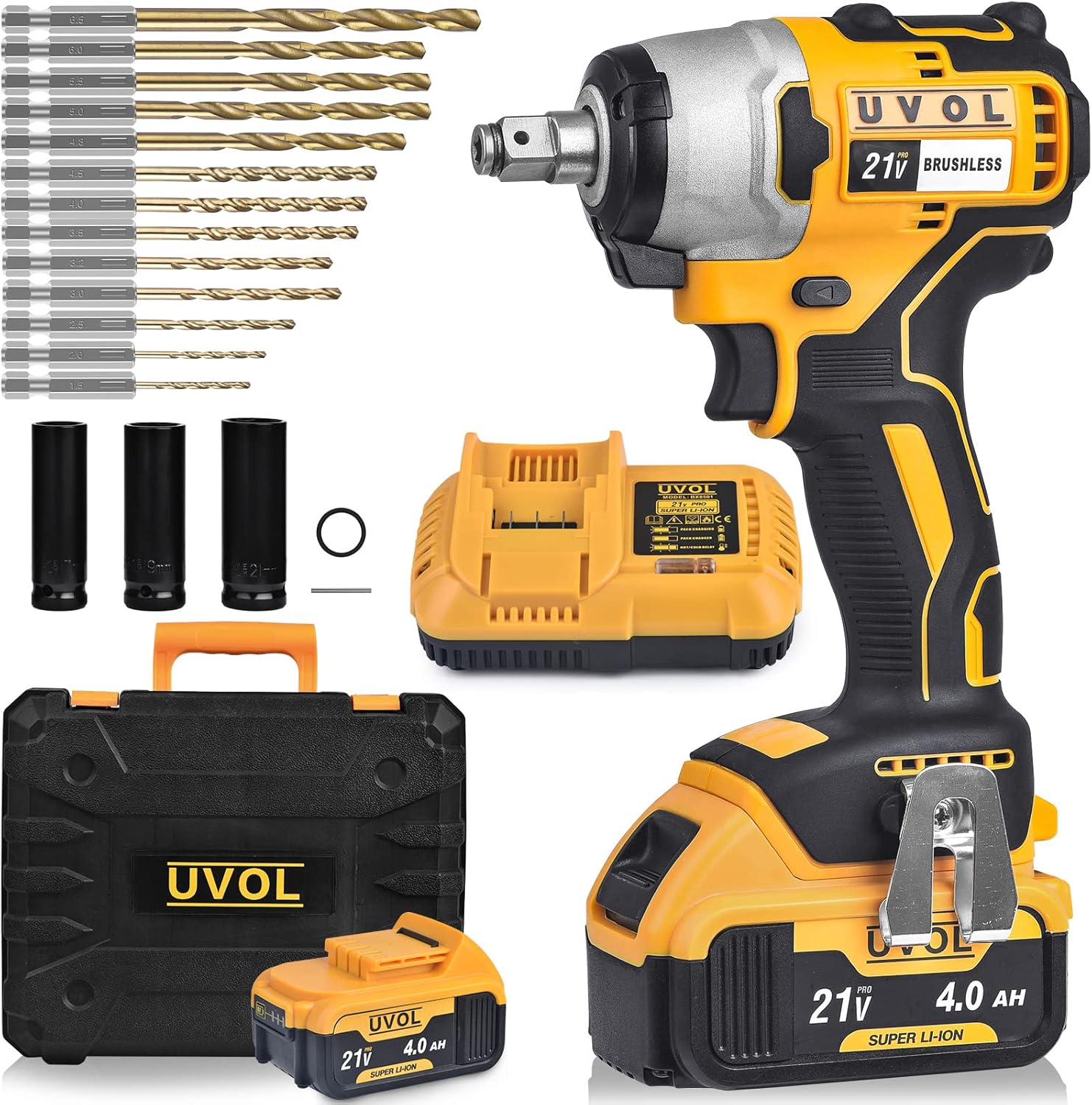 UVOL Cordless Impact Wrench with toolbox, 1/2 Inch Brushless Motor Battery Power Drill/Driver with 3 Sockets & 13 Driver Bits, Power Impact Wrench with Battery & Charger, 21V/4.0Ah (BX8501)