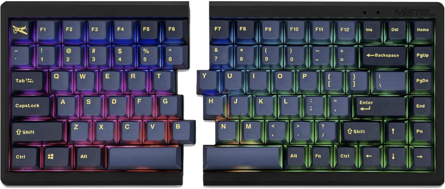 Mistel BAROCCO MD770 RGB Wired + Wireless Bluetooth TKL Split Mechanical Keyboard with Cherry MX Blue Switch, Ergonomic Gaming Keyboard, Yellow Letter Glaze Blue PBT DoubleShot Keycaps, Macro Support