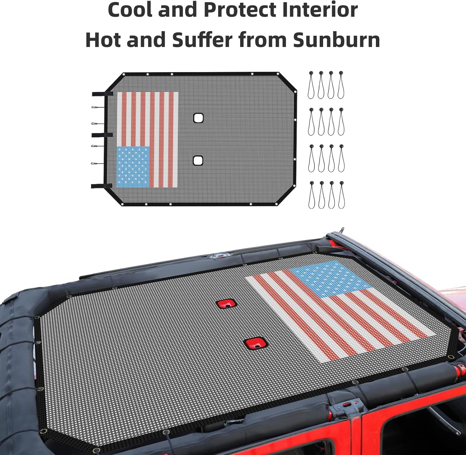 RT-TCZ Sunshade Mesh Shade Top Cover US Flag Durable Sun Shade for Jeep Wrangler 2007-2017 JK JKU 4 Door Black Red US Flag