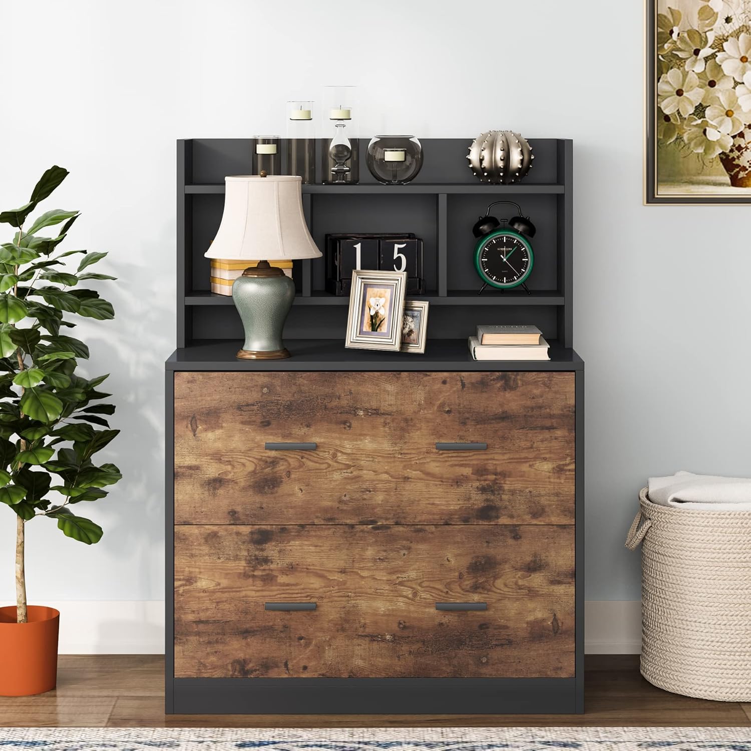 Tribesigns Wood 2 Drawers File Cabinet, Lateral Filing Cabinet with Storage Shelf, Modern Large Office Storage Cabinet for Letter Size or Hanging File Folders, Home Office Cabinet,Black & Rustic