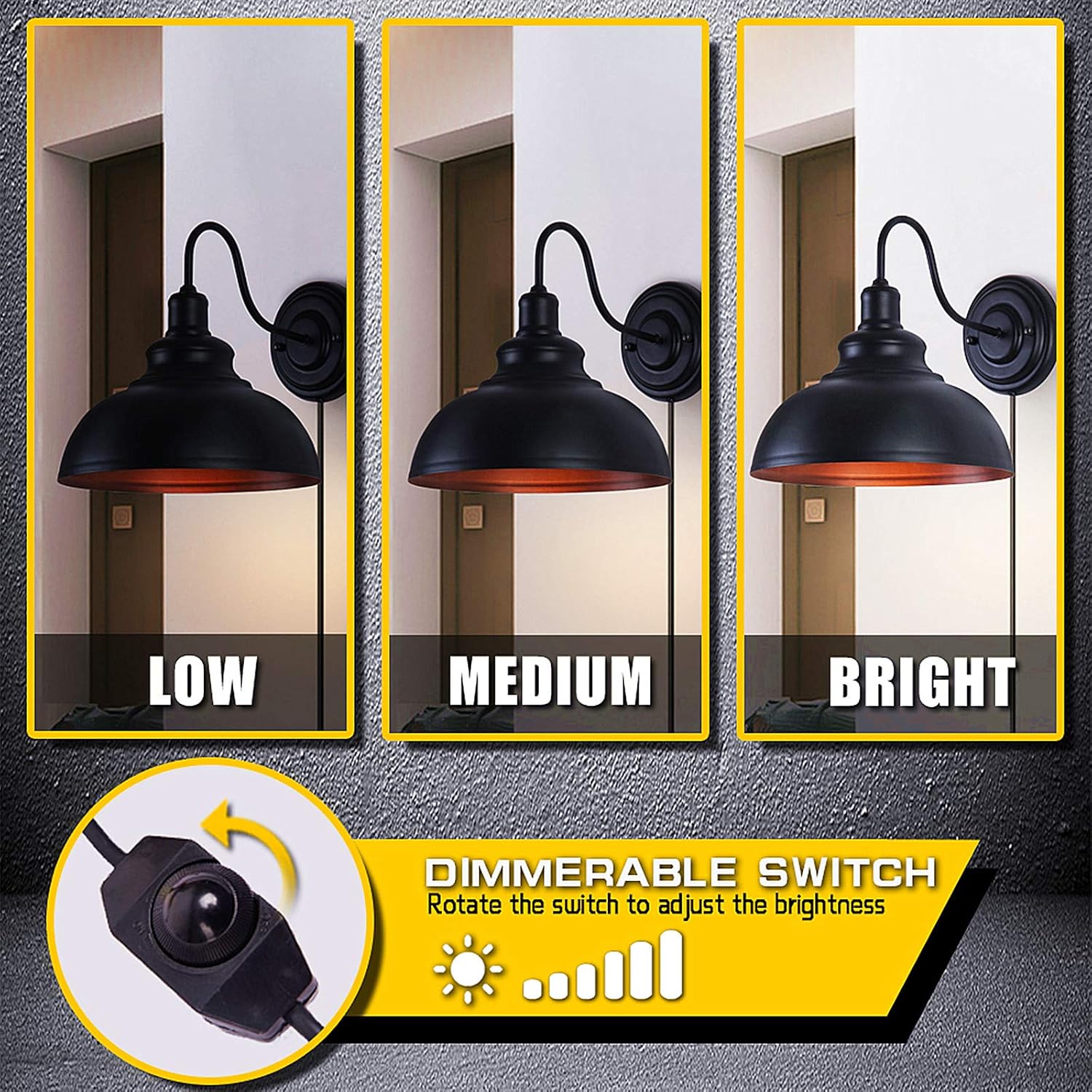 Dimmable Wall Sconce Plug in, LIGHTESS Industrial Farmhouse Sconce with Dimmer On Off Switch, Black Barn Light Gooseneck Light Fixture, OLB11