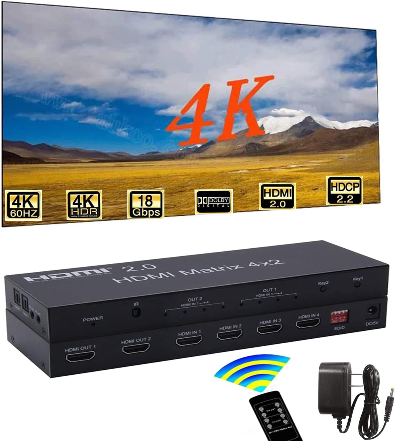 YSM 4K HDMI 2.0 Matrix 4X2 Switch,4 in 2 Out Matrix HDMI Video Switcher Splitter +Optical & L/R 3.5mm Output,Support 4K 60HZ HDCP 2.2 Audio EDID Extractor with IR Remote Control