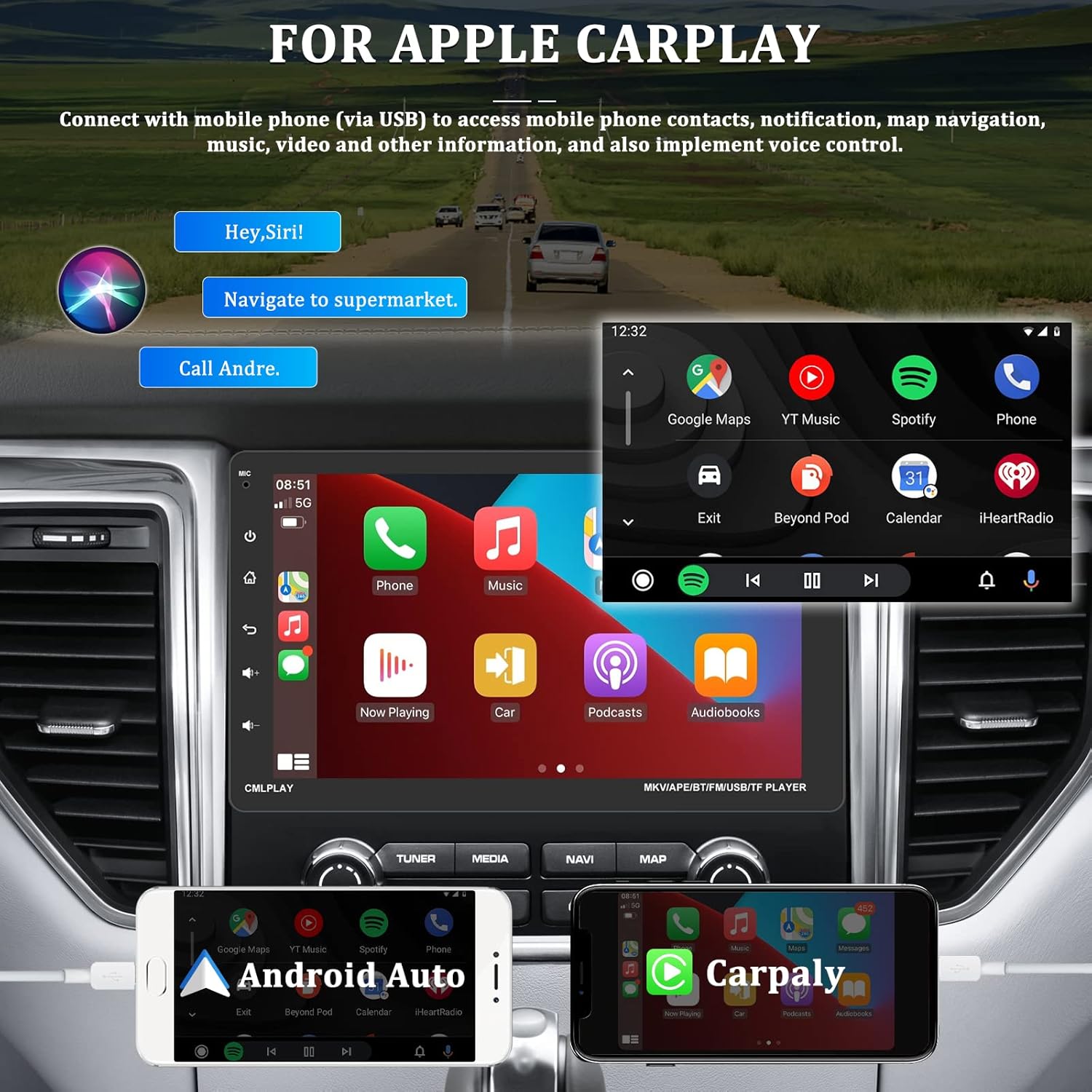 9 Inch Single Din Car Stereo with Carplay Touch Screen Bluetooth Car Radio Support Mirror Link FM Radio Steering Wheel Control Subwoofer AUX in/USB/SD Backup Camera